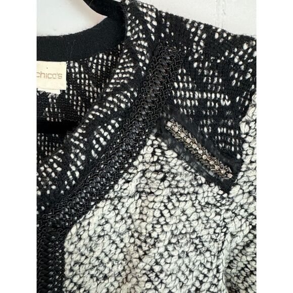 CHICO'S black white wool blend beaded crystal open front knit cardigan blazer M - Picture 3 of 9